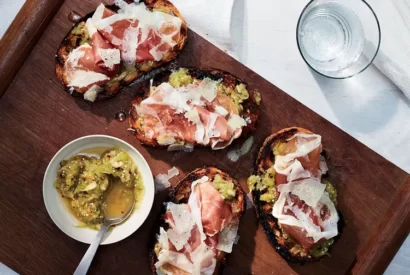 Thumbnail for Tomatillo Toasts with Prosciutto and Manchego