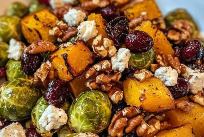 Thumbnail for Roasted Brussels Sprouts and Butternut Squash with Maple Walnuts, Cranberries, and Goat Cheese