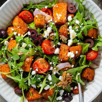 Roasted Sweet Potato & Black Bean Salad with Arugula and Feta Cheese