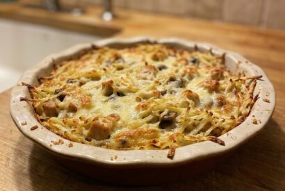 Thumbnail for Crispy Mushroom Swiss Chicken Potato Crust Pie