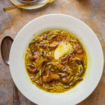 Golden Mushroom Soup with Orzo and a Pat of Butter