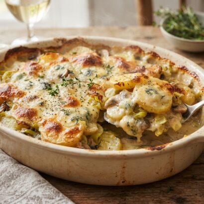 Stilton, Leek, Mushroom, and New Potato Bake